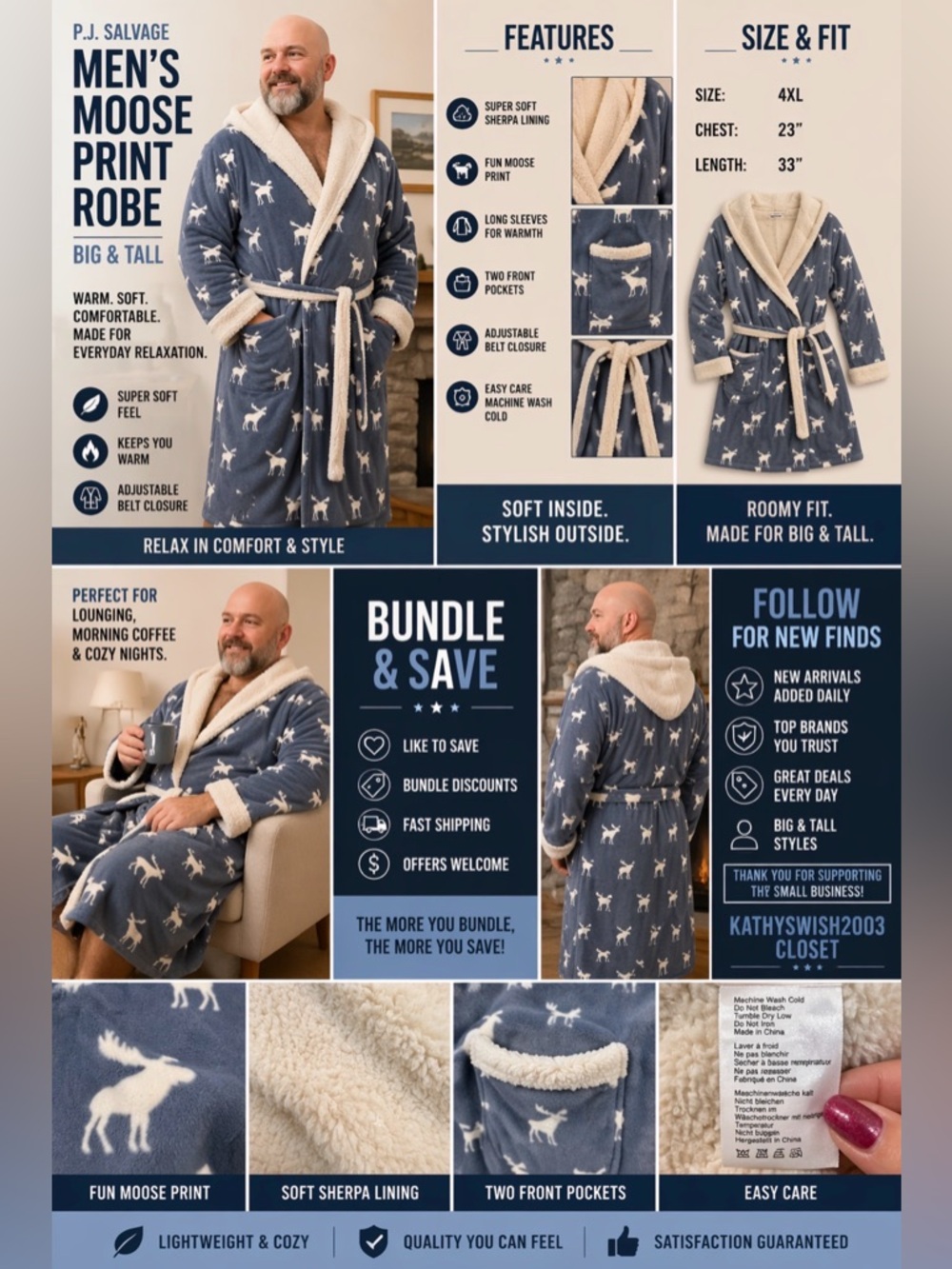 P.J. Salvage Men’s Small Blue and White Moose
Print Robe